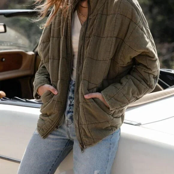 Womens Dolman Quilted Lightweight Jackets Full-zip Stand Collar Loose Warm Winte